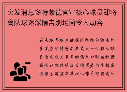 突发消息多特蒙德官宣核心球员即将离队球迷深情告别场面令人动容